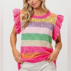 Pink Pointelle Multi Color Striped Ruffled Crochet Tunic Top